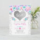 3回目の誕生日 – シルバーハートティール（緑がかった色）パープルピンク 招待状 (スタンド正面)