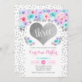 3回目の誕生日 – シルバーハートティール（緑がかった色）パープルピンク 招待状 (正面/裏面)