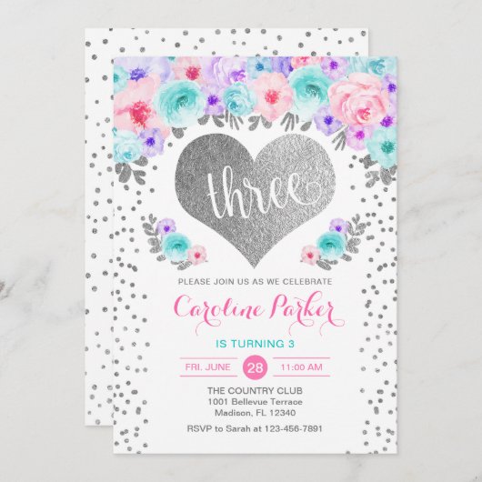 3回目の誕生日 – シルバーハートティール（緑がかった色）パープルピンク 招待状 (正面/裏面)