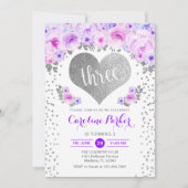 3回目の誕生日 – シルバーハートホワイトパープルフローラ 招待状 (正面)