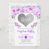 3回目の誕生日 – シルバーハートホワイトパープルフローラ 招待状 (正面/裏面)