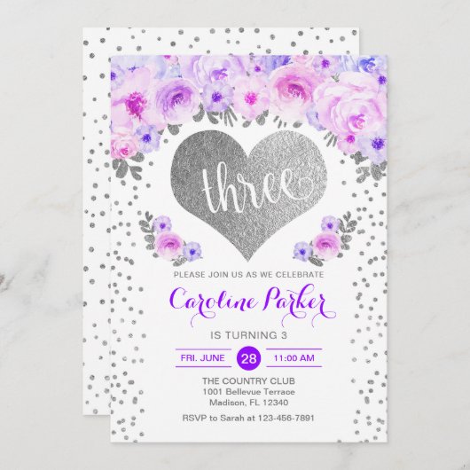 3回目の誕生日 – シルバーハートホワイトパープルフローラ 招待状 (正面/裏面)