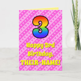 3回目の誕生日:ピンクストライプのハートとレインボー番号3 カード