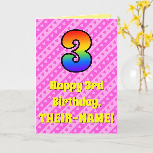 3回目の誕生日:ピンクストライプのハートとレインボー番号3 カード (黄色い花)