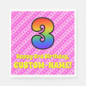 3回目の誕生日：ピンクストライプのハートとレインボー番号3 スタンダードランチョンナプキン (正面)