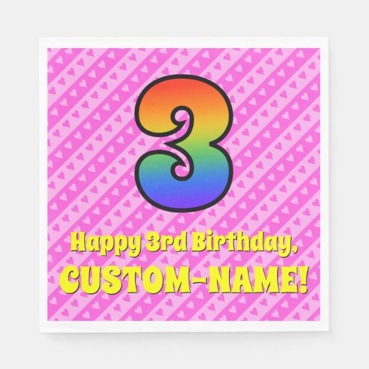 3回目の誕生日:ピンクストライプのハートとレインボー番号3 スタンダードランチョンナプキン (正面)