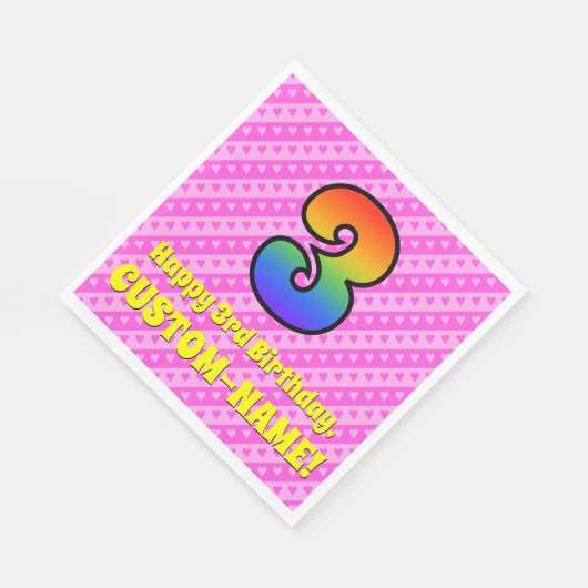 3回目の誕生日：ピンクストライプのハートとレインボー番号3 スタンダードランチョンナプキン (角)