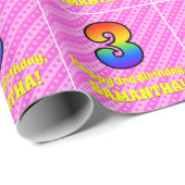 3回目の誕生日：ピンクストライプのハートとレインボー番号3 ラッピングペーパー (ロールコーナー)