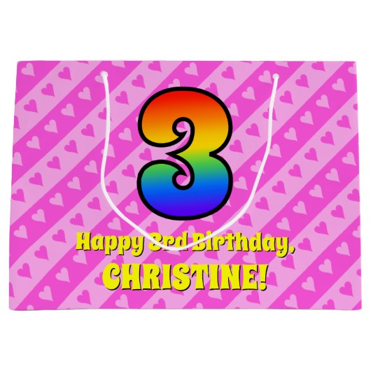 3回目の誕生日:ピンクストライプのハートとレインボー番号3 ラージペーパーバッグ (正面)