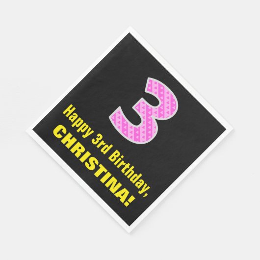 3回目の誕生日:ピンクストライプのハートと誕生日"3" +名前 スタンダードランチョンナプキン (角)