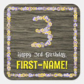 3回目の誕生日:フローラフェイク番号、木目、名前 スクエアシール (正面)