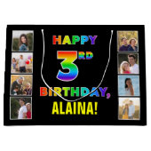 3回目の誕生日:レインボー文字カスタム、写真と名前 ラージペーパーバッグ (正面)