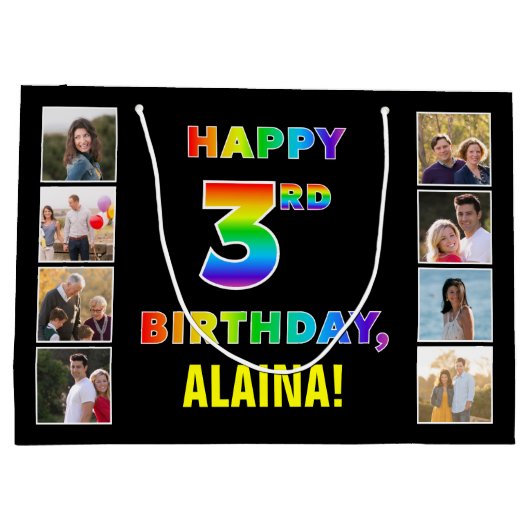 3回目の誕生日：レインボー文字カスタム、写真と名前 ラージペーパーバッグ (裏面)