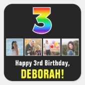 3回目の誕生日:レインボー「3」;写真カスタムと名前 スクエアシール (正面)
