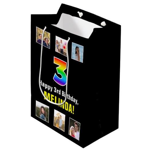3回目の誕生日：レインボー「3」、写真カスタムと名前 ミディアムペーパーバッグ (正面アングル)