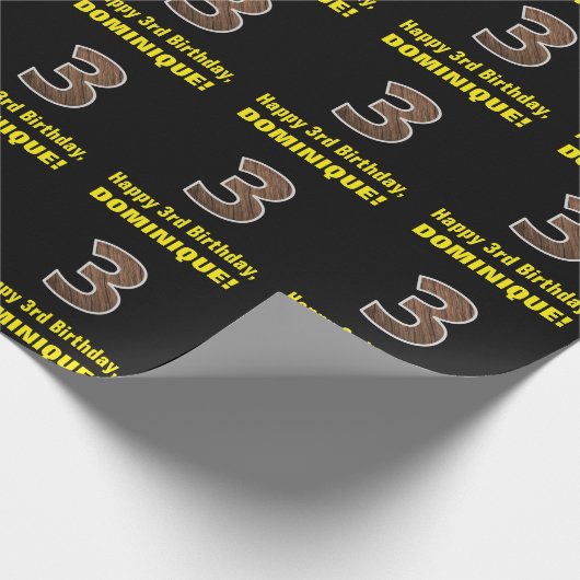 3回目の誕生日:名前フェイク&木目パターン「3」 ラッピングペーパー (角)