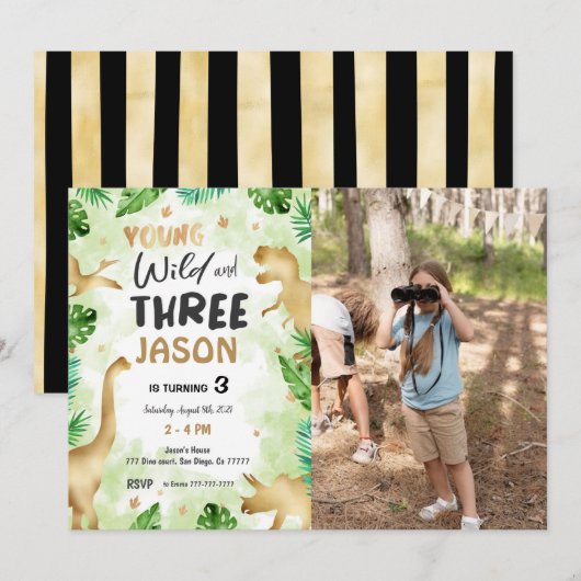 3回目の誕生日、恐竜の誕生日写真 招待状 (正面/裏面)