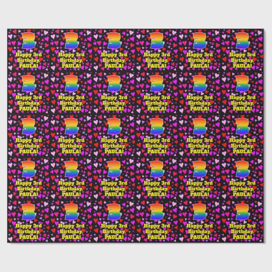 3回目の誕生日:愛するハートパターン、虹# 3 ラッピングペーパー (フラット)