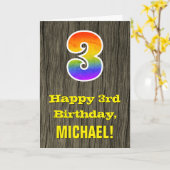 3回目の誕生日:素朴ウッドルックフェイクレインボー「3」 カード (黄色い花)