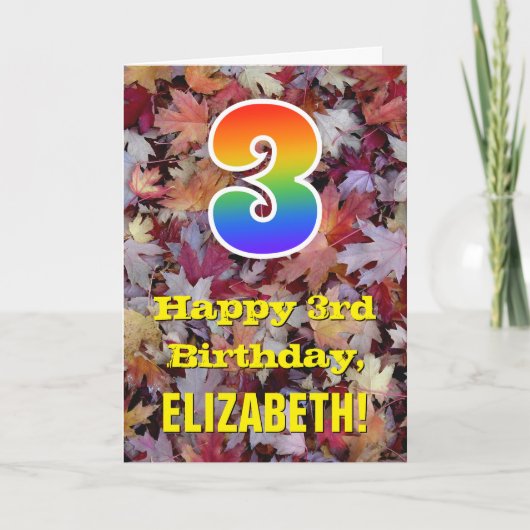 3回目の誕生日;素朴紅葉; Rainbow "3" カード (正面)