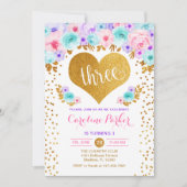 3回目の誕生日 – 金ゴールドハートティール（緑がかった色）パープルピンク 招待状 (正面)