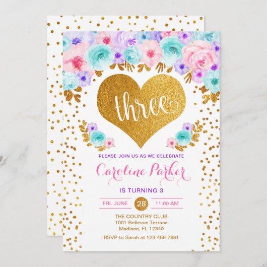 3回目の誕生日 – 金ゴールドハートティール（緑がかった色）パープルピンク 招待状 (正面/裏面)