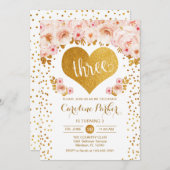 3回目の誕生日 – 金ゴールドハートホワイトピンクフローラ 招待状 (正面/裏面)
