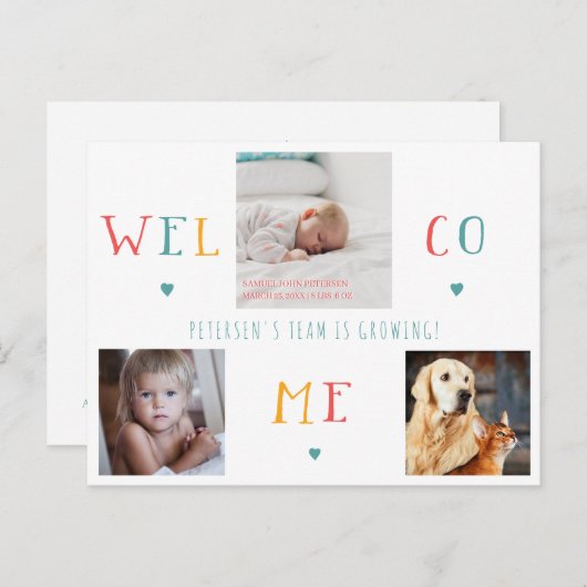 3家族の写真コラージュWELCOME新生児誕生 案内ポストカード (正面/裏面)