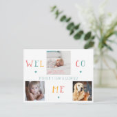 3家族の写真コラージュWELCOME新生児誕生 案内ポストカード (スタンド正面)