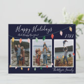 3家族の写真ダークブルーハッピーホリデーズライト シーズンカード (スタンド正面)