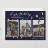 3家族の写真ダークブルーハッピーホリデーズライト シーズンカード (正面)