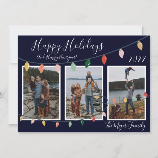3家族の写真ダークブルーハッピーホリデーズライト シーズンカード (正面)