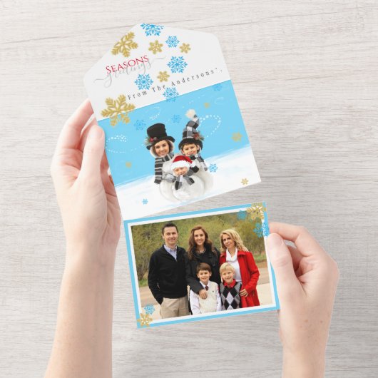 3家族の家族あなたの顔を雪だるまクリスマスカードに追加 オールインワン招待状 (貼ってはがせる)