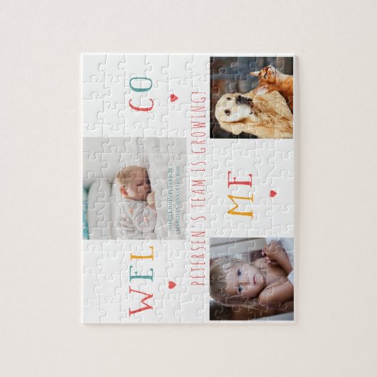 3家族カスタム写真コラージュ歓迎生まれたばかりのベビー ジグソーパズル (縦)