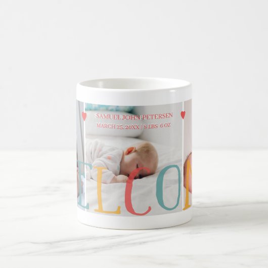 3家族フォトコラージュへようこそ生まれたばかりのベビー コーヒーマグカップ (中央)
