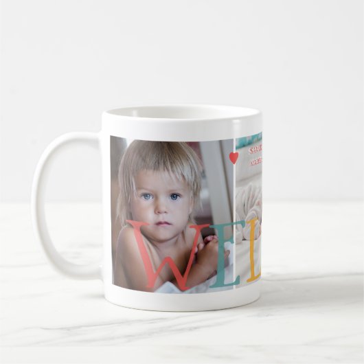 3家族フォトコラージュへようこそ生まれたばかりのベビー コーヒーマグカップ (左)