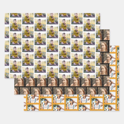 3家族モダン写真コラージュ模様クリスマス ラッピングペーパーシート (セット)