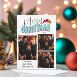 3家族写真コラージュレトロフォントメリークリスマス シーズンカード<br><div class="desc">このフェスティバルメリークリスマスデザインはモダン、おもしろいスクリプトフォントと私の手で書かれたブロックフォントを使用して作成され、柔らかい青と赤の80年代のスタイルで色彩の鮮やかは、私の手のサンタハットとホリーと果実を付けて、あなたの家族の写真を星として輝かせる。家族の名前と文字カスタムを追加して完成！オリジナルアート：Malissa Melrose</div>