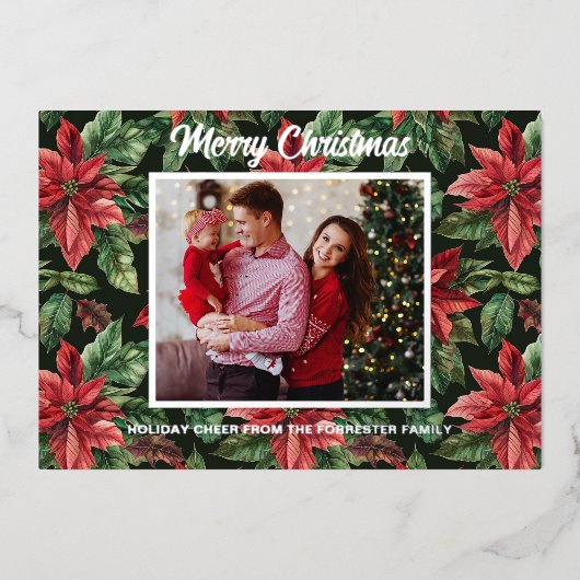 3家族写真水彩ポインセチア花 箔シーズンカード (正面)