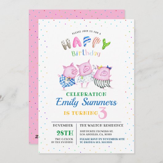 3小さな赤ちゃん豚ハッピーバースデーかわいいタイポグラフィ シーズンカード (正面/裏面)