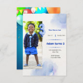 3年の誕生日BOY BLUE WITH PHOTO 招待状 (正面/裏面)