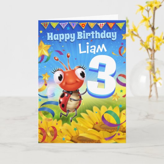 3年カスタム誕生日カードLittle Ladybug range カード (黄色い花)