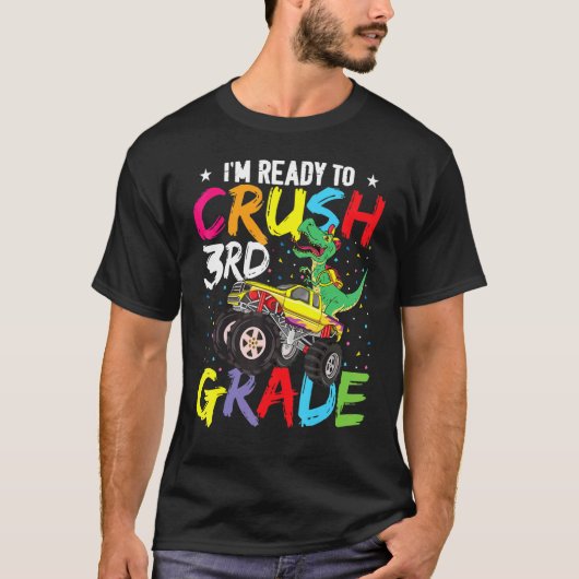 3年生を潰す準備ができた恐竜のモンスタートラック Tシャツ (正面)
