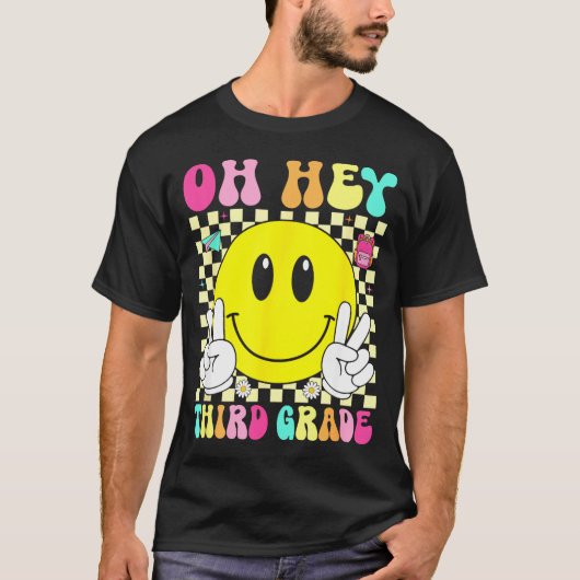 3年生 レトロ笑顔の顔 はじめての学校 Tシャツ (正面)