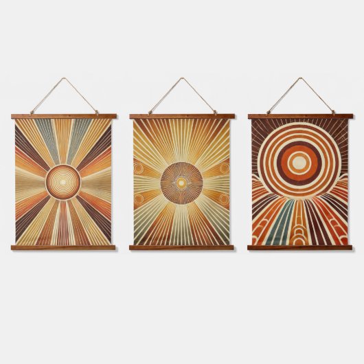 3幾何学太陽の木製の壁のタペストリーのセット 吊り下げ型タペストリー (トリプル)