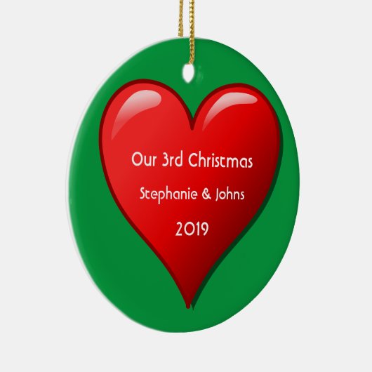 3度目のクリスマスと2019年のかわいい赤いハート セラミックオーナメント (右)