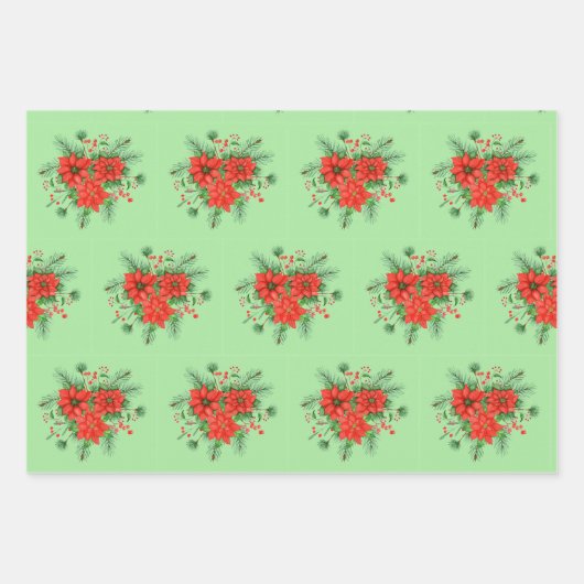 3座標クリスマスポインセチア赤い格子縞 ラッピングペーパーシート (正面3)