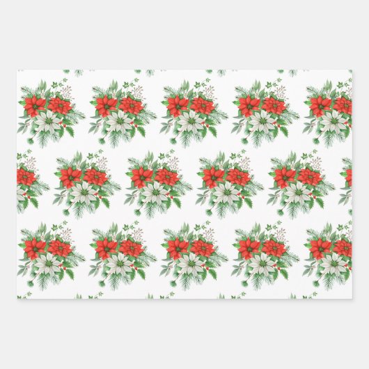3座標クリスマスポインセチア赤い格子縞 ラッピングペーパーシート (正面)