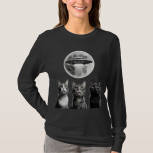 3怖おもしろいい猫ムーンUFOエイリアン地球侵略 Tシャツ