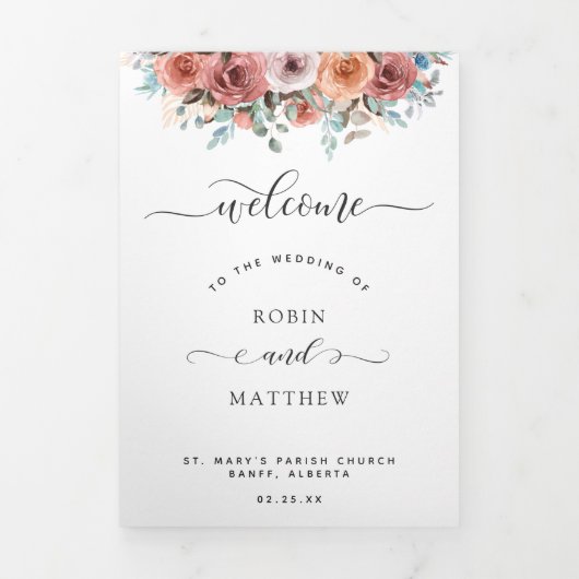 3折結婚式 プログラムと水彩タイムライン 三つ折りカード (カバー)